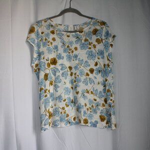 Joie White & Blue Floral 100% Linen Dolman Short Sleeve Shirt Blouse Buttons L